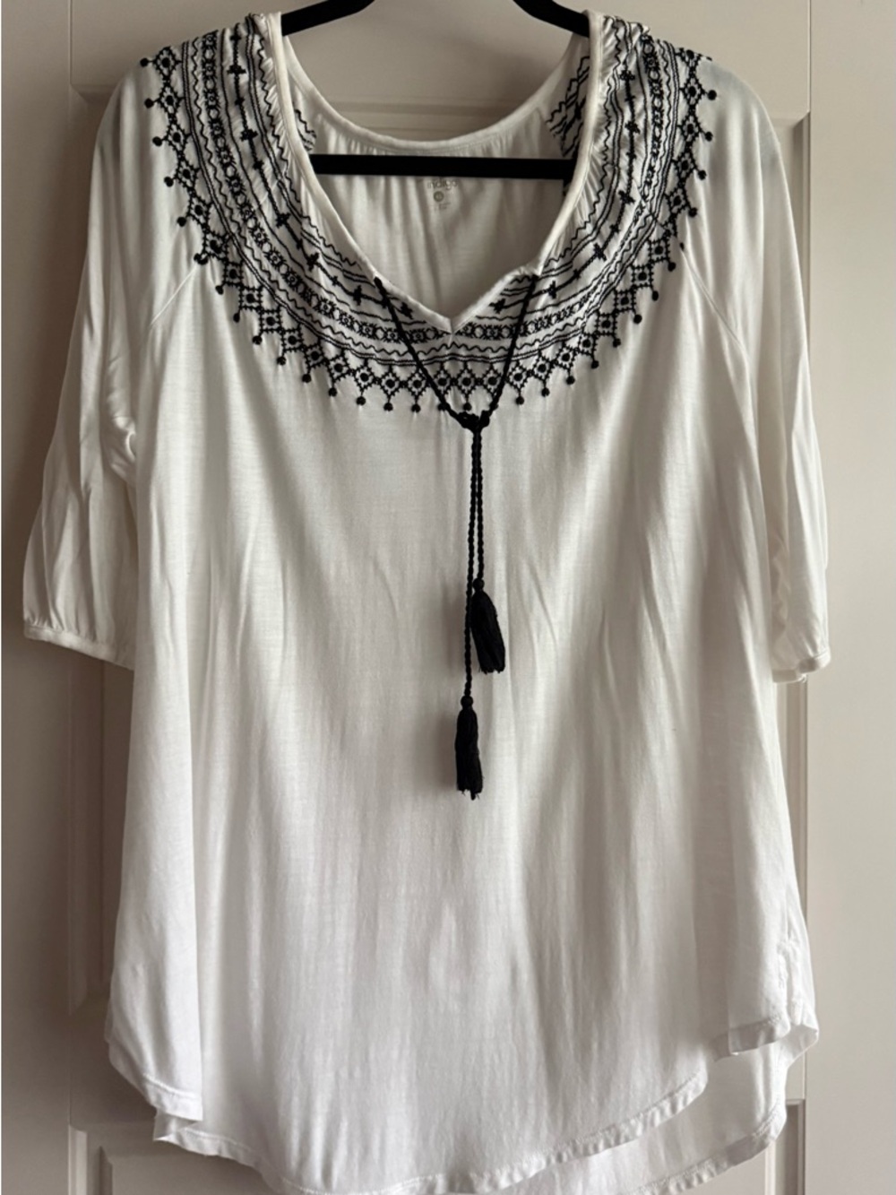 Embroidered Tassel Neck White Women's Top